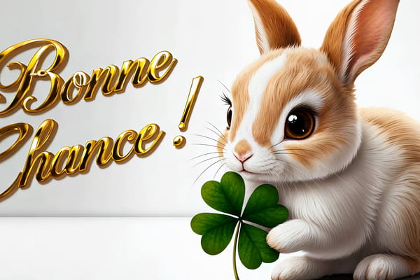 Carte 'Bonne Chance' avec un adorable petit lapin roux et blanc qui tient un trèfle à quatre feuilles.