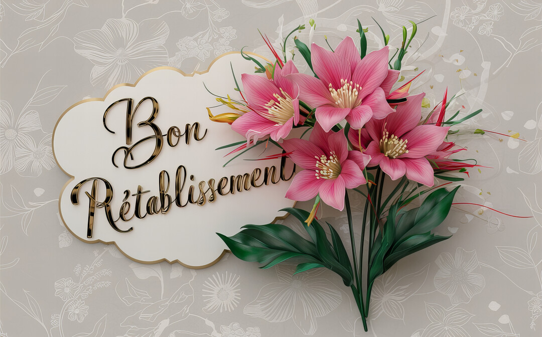 Une composition florale élégante avec un bouquet de fleurs roses à côté du texte 'Bon Rétablissement' écrit en lettres dorées calligraphiées.
