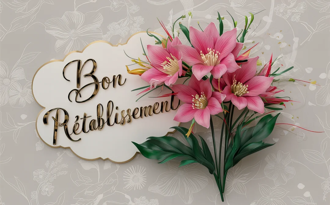 Une composition florale élégante avec un bouquet de fleurs roses à côté du texte 'Bon Rétablissement' écrit en lettres dorées calligraphiées.