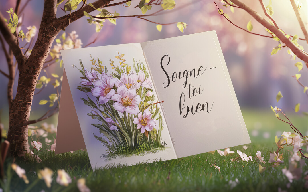 Une carte ouverte posée sur l'herbe affiche le message 'Soigne-toi bien' à côté d'un dessin de fleurs roses et délicates.
