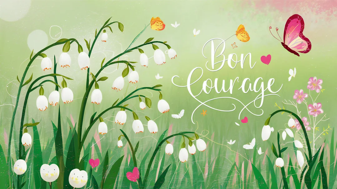 Une illustration bucolique montre des fleurs blanches en clochettes et des papillons colorés avec l'inscription 'Bon Courage' en calligraphie blanche.