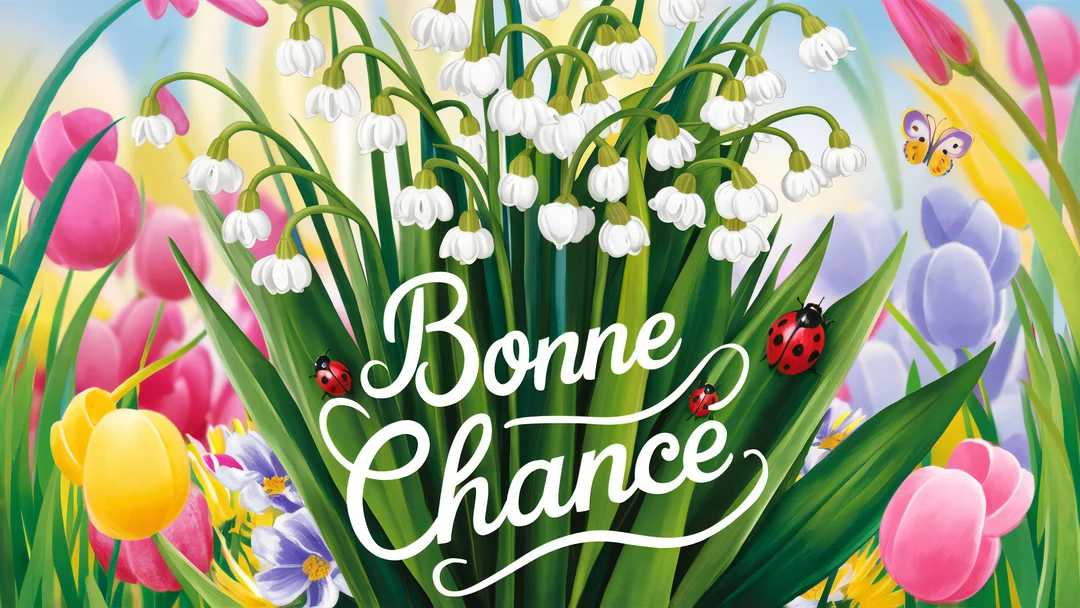 Une illustration joyeuse montrant le texte 'Bonne Chance' sur un fond de fleurs printanières, incluant des tulipes, perce-neige et des coccinelles.