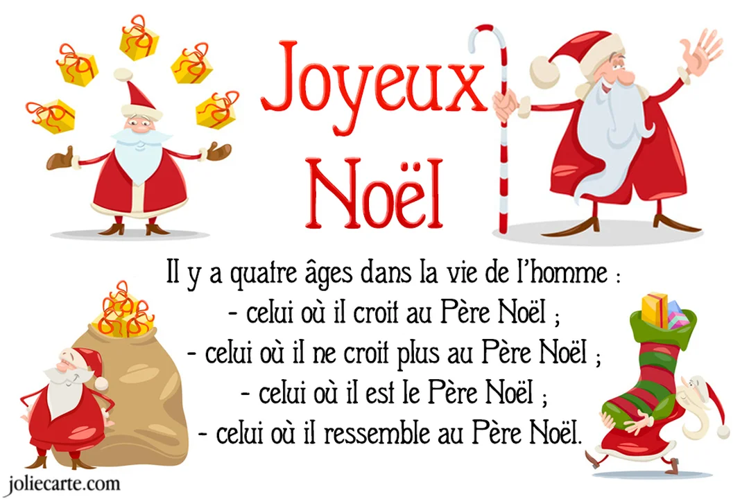 Une carte de Joyeux Noël illustrée de plusieurs Pères Noël en dessin animé avec une citation humoristique sur les âges de la vie.