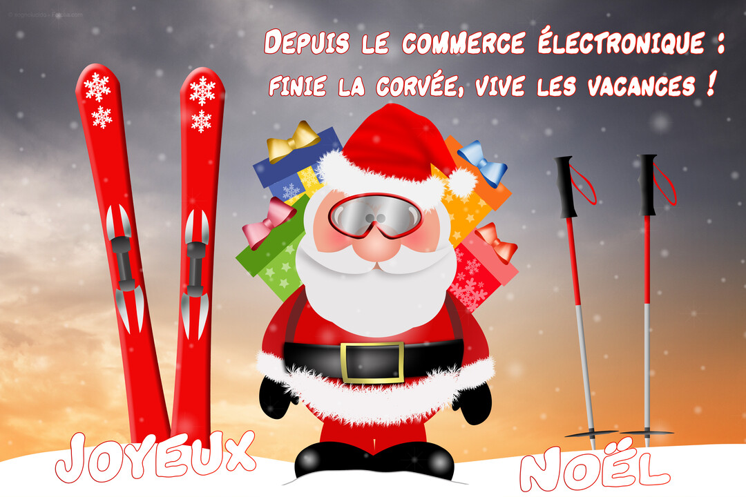 Un Père Noël de dessin animé, portant des lunettes de ski et des cadeaux, se tient dans la neige entre des skis et des bâtons.