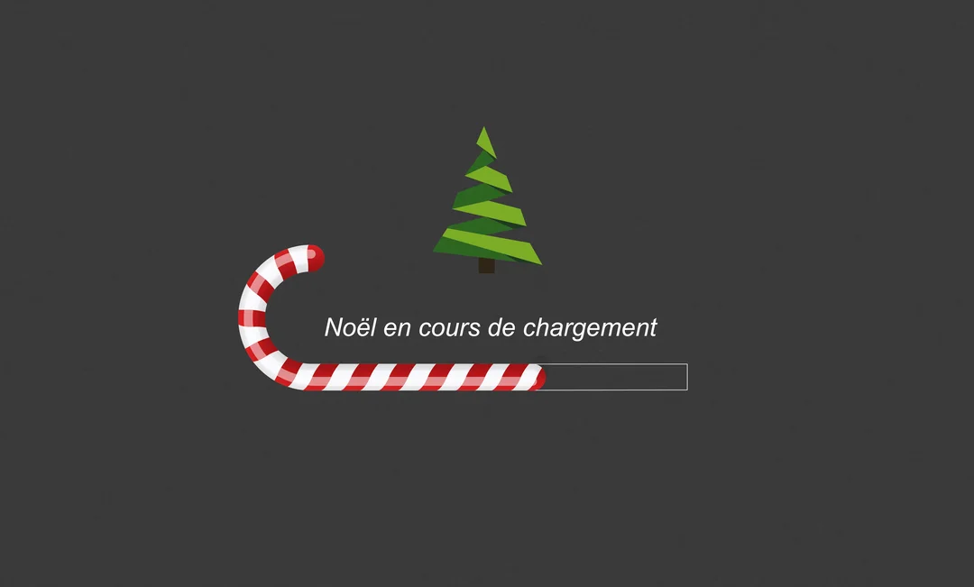 Sur un fond gris, une barre de chargement en sucre d'orge accompagne le texte 'Noël en cours de chargement', surmonté d'un sapin stylisé.