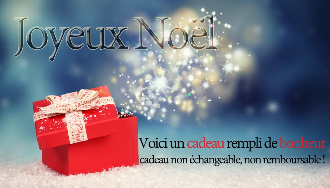 Une boîte cadeau rouge ouverte dans la neige libère un flot d'étoiles scintillantes sur un fond bleu nuit avec le texte 'Joyeux Noël'.