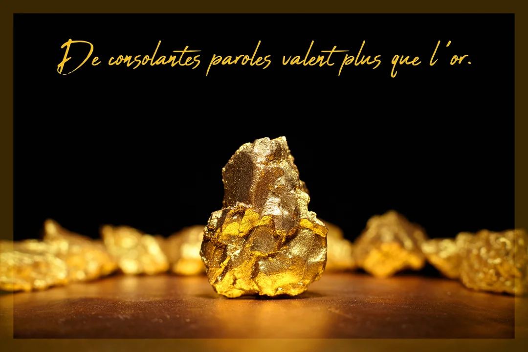 Une pépite d'or brillante est posée sur une surface sombre, avec d'autres pépites floues derrière, sous un texte doré sur fond noir.