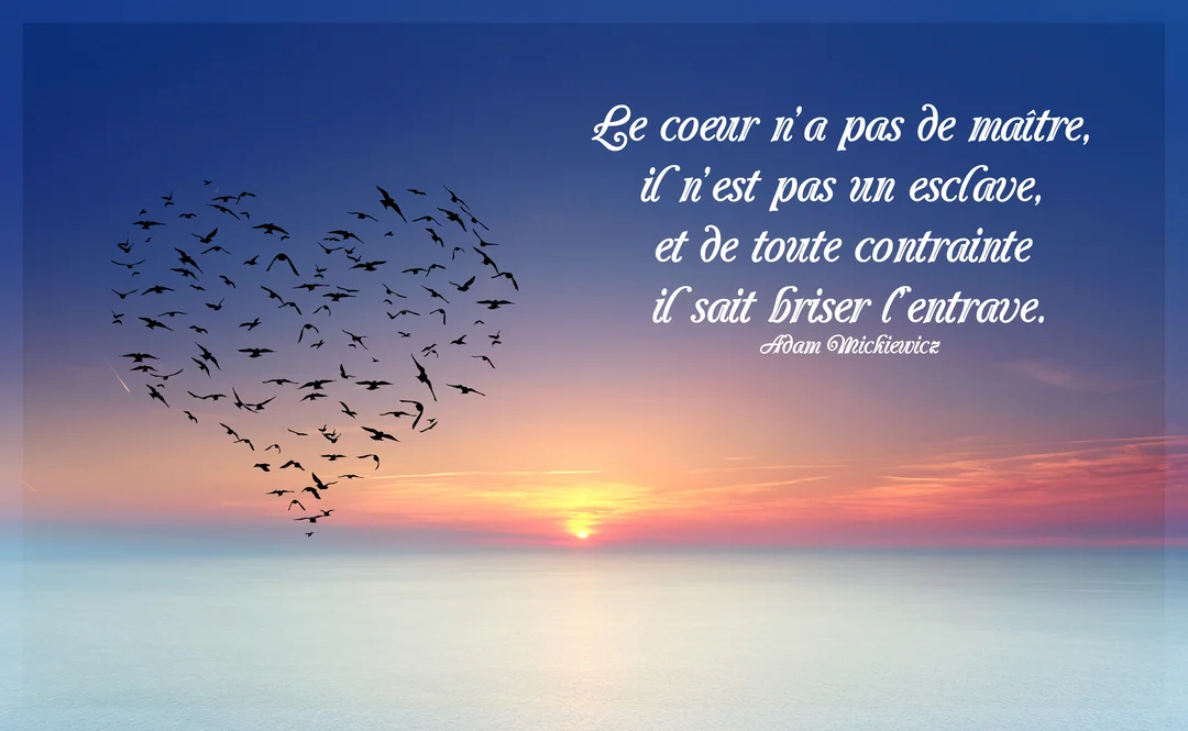 Des silhouettes d'oiseaux en vol forment un cœur dans un ciel de coucher de soleil coloré, au-dessus d'une mer calme avec un texte poétique.