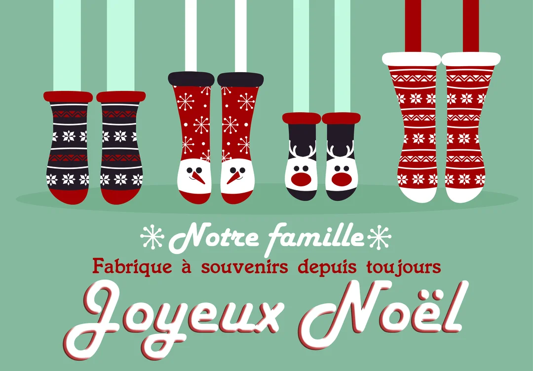 Illustration de quatre paires de pieds portant des chaussettes de Noël colorées, symbolisant une famille, sur un fond vert avec un message festif.