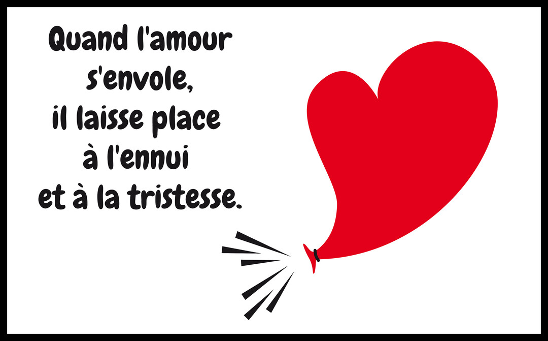 Sur fond blanc, un texte manuscrit sur la tristesse et l'ennui est à côté d'un ballon rouge en forme de cœur qui se dégonfle.