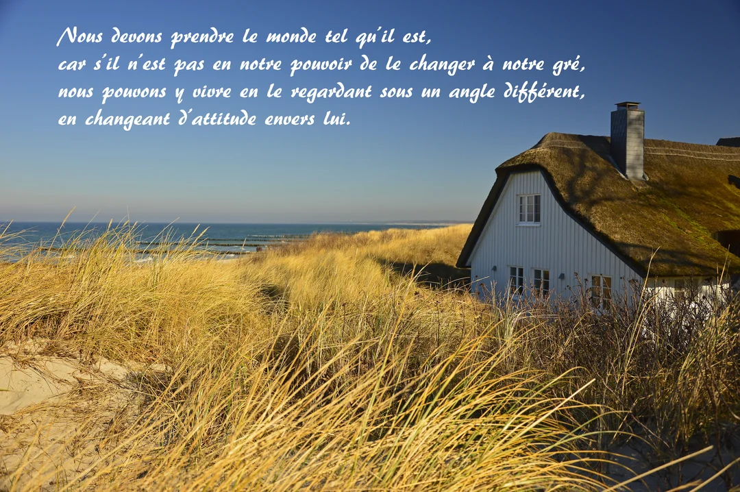 Une maison blanche au toit de chaume est nichée dans les dunes d'herbes dorées, faisant face à une mer calme sous un ciel bleu.