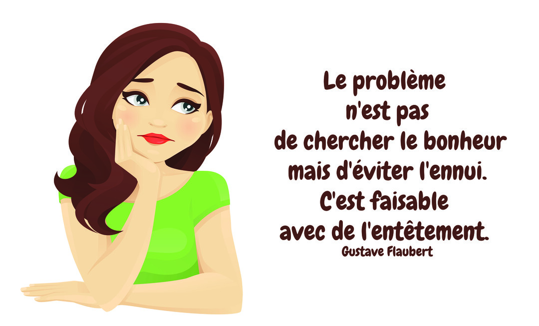 Une jeune femme aux cheveux bruns, pensive, appuie son menton sur sa main à côté d'une citation de Gustave Flaubert sur fond blanc.