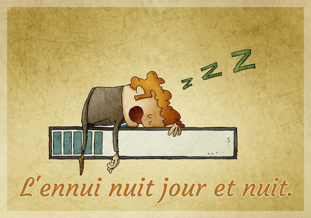 Un homme de bureau avec des cheveux roux dort, bouche bée, sur une barre de chargement, sur un fond texturé beige.