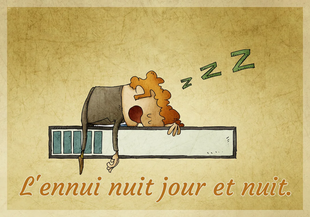 Un homme de bureau avec des cheveux roux dort, bouche bée, sur une barre de chargement, sur un fond texturé beige.