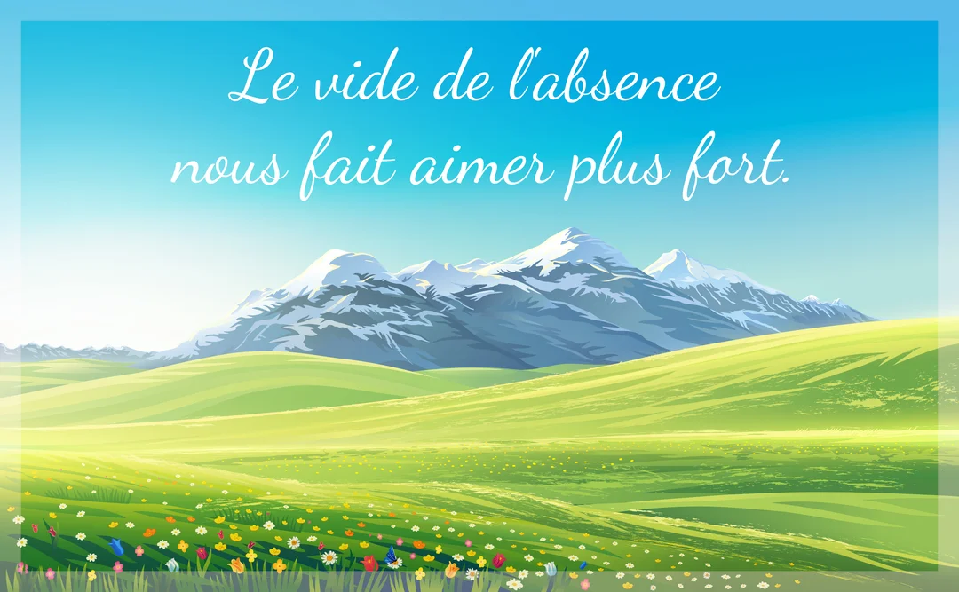 Un paysage de style illustration montre des collines verdoyantes et fleuries au premier plan, avec des montagnes enneigées sous un ciel bleu.