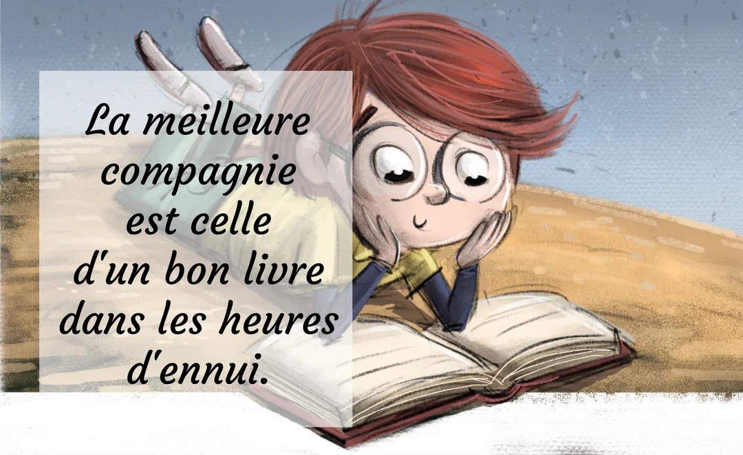 Un personnage de style dessin animé, aux cheveux roux et portant des lunettes, est allongé et sourit en lisant un grand livre ouvert.