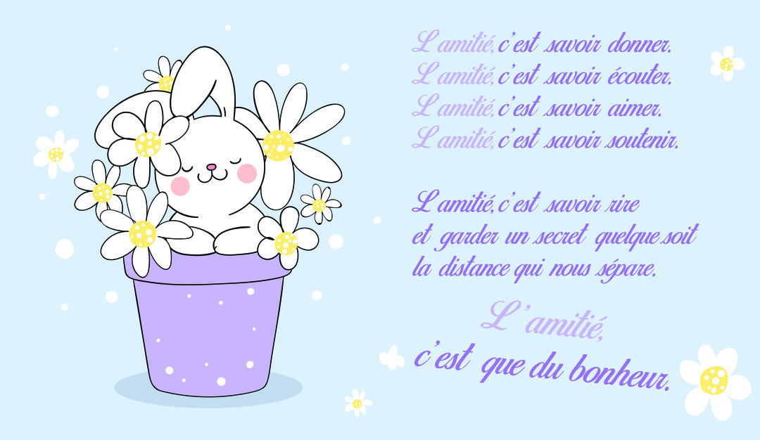Un dessin de style kawaii d'un lapin blanc souriant dans un pot de fleurs lilas, entouré de marguerites, sur un fond bleu pastel.
