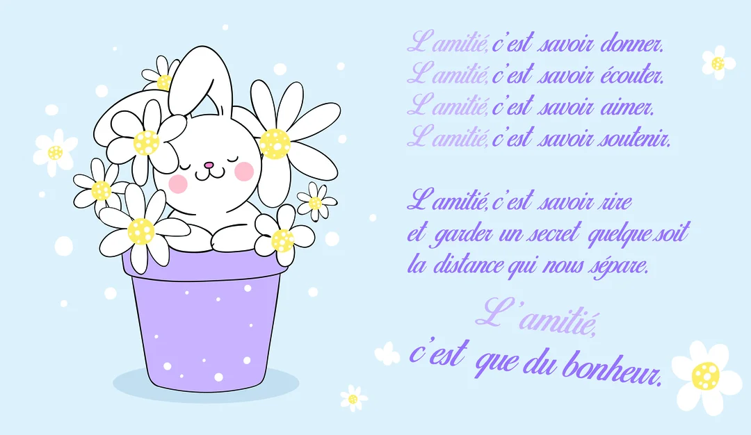 Un dessin de style kawaii d'un lapin blanc souriant dans un pot de fleurs lilas, entouré de marguerites, sur un fond bleu pastel.