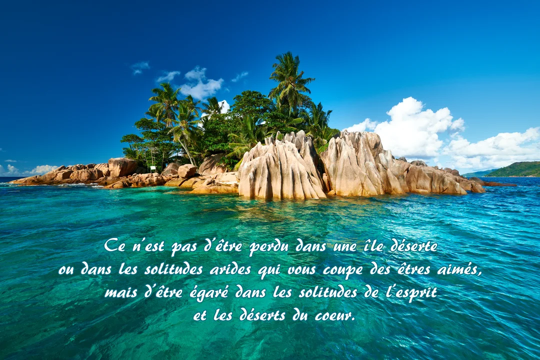 Photographie d'une petite île rocheuse tropicale avec des palmiers, baignant dans une mer turquoise sous un ciel bleu dégagé et ensoleillé.