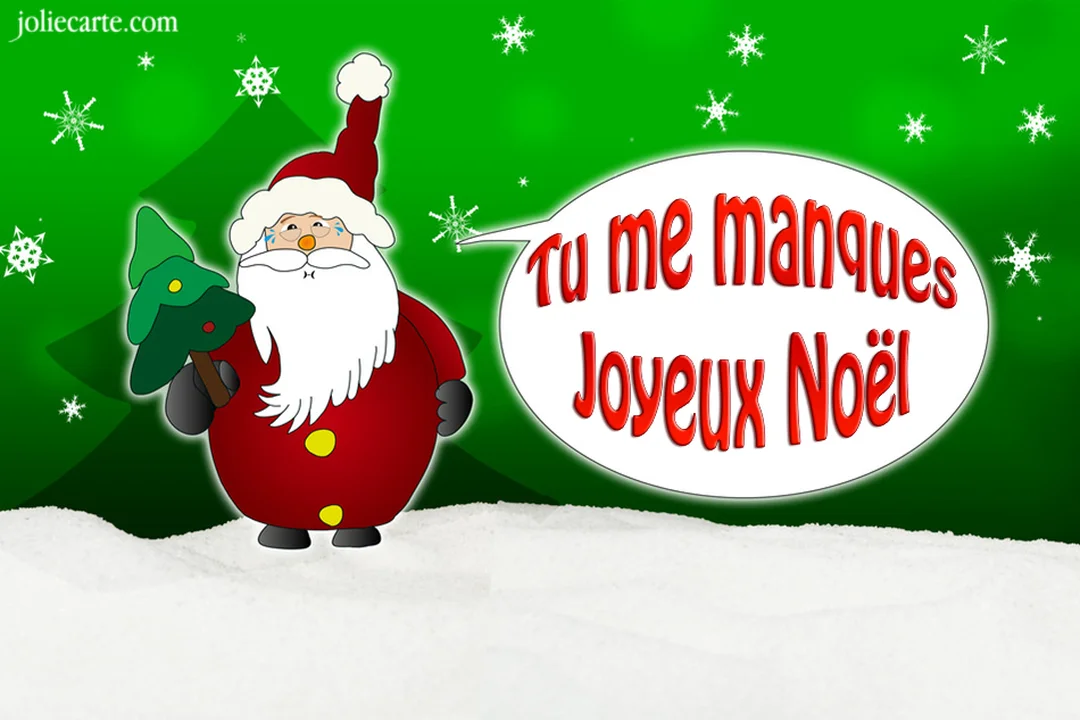 Sur un fond vert enneigé, un Père Noël triste verse une larme en tenant un sapin et pense « Tu me manques Joyeux Noël ».