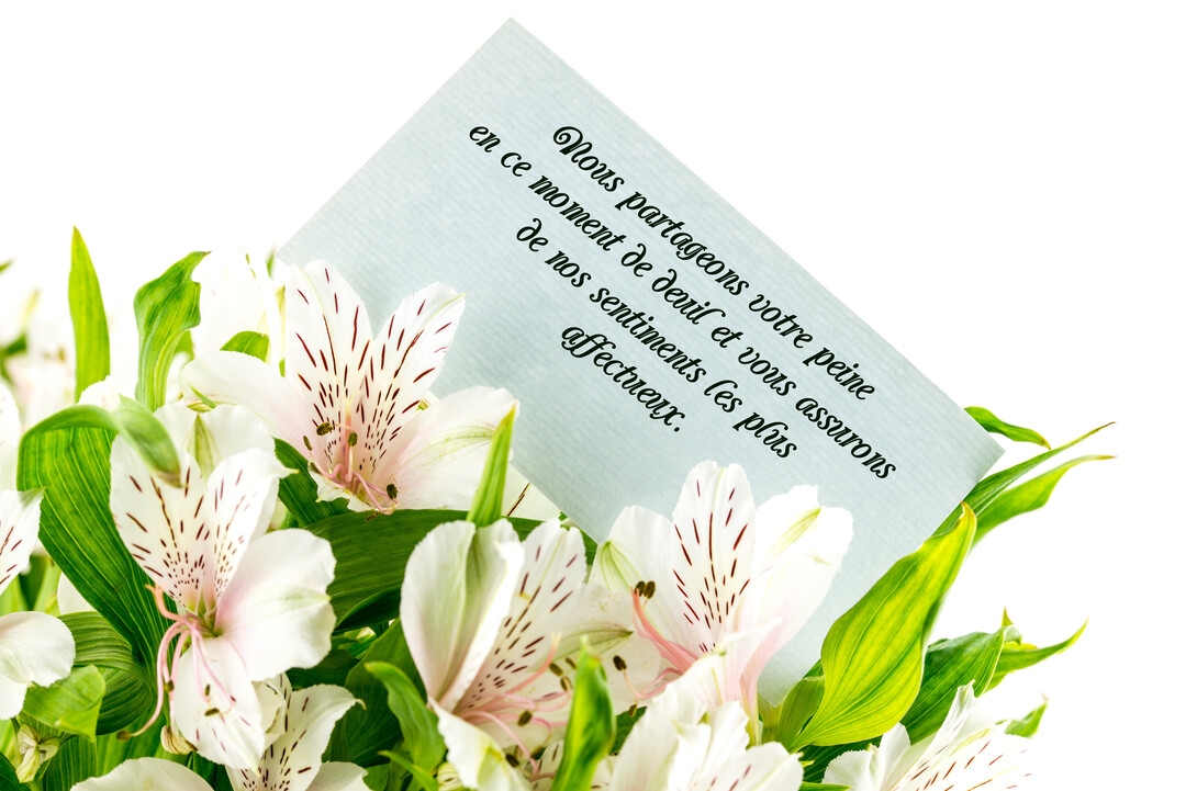 Un bouquet de fleurs d'alstroemeria blanches aux cœurs tachetés, sur lequel est délicatement posée une carte de condoléances bleu pâle avec un texte manuscrit.