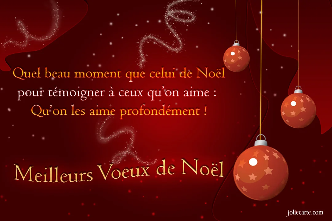 Une carte de vœux de Noël sur un fond rouge élégant, ornée de boules suspendues, de paillettes et d'un message d'amour profond.
