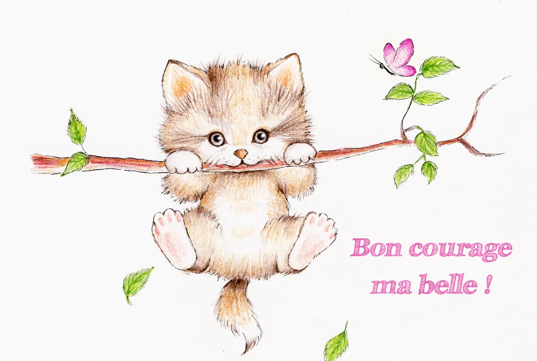 Dessin au crayon d'un chaton brun et duveteux qui s'accroche à une branche d'arbre avec ses pattes avant, regardant droit devant.