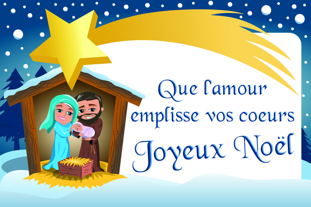 Une illustration colorée de la Sainte Famille dans une étable sous une grande étoile dorée, avec un ciel nocturne enneigé en arrière-plan.