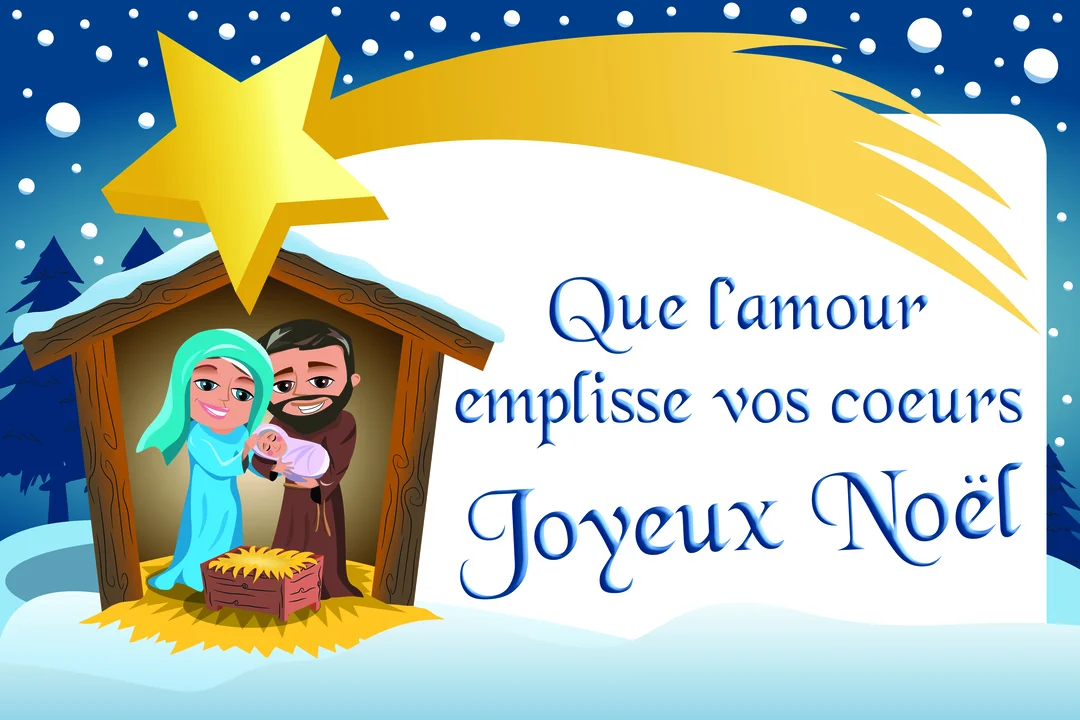 Une illustration colorée de la Sainte Famille dans une étable sous une grande étoile dorée, avec un ciel nocturne enneigé en arrière-plan.
