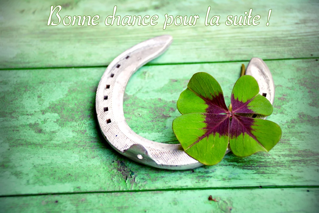 Un fer à cheval en métal et un trèfle à quatre feuilles, au cœur violet, reposent sur des planches de bois peintes en vert.