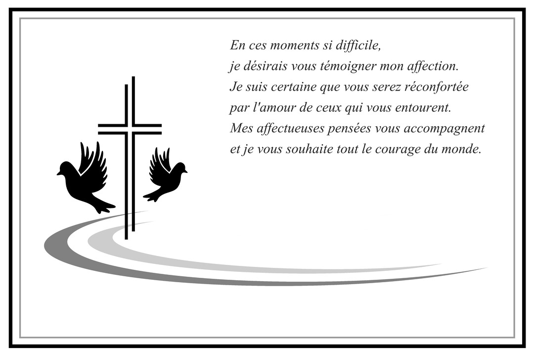 Carte de deuil en noir et blanc, illustrée d'une croix et de deux colombes volant, accompagnée d'un texte de condoléances.