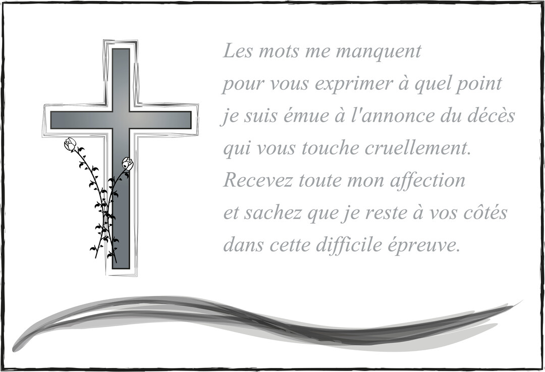 Carte de condoléances sur fond blanc, avec à gauche une croix grise ornée de roses et à droite un texte de sympathie.