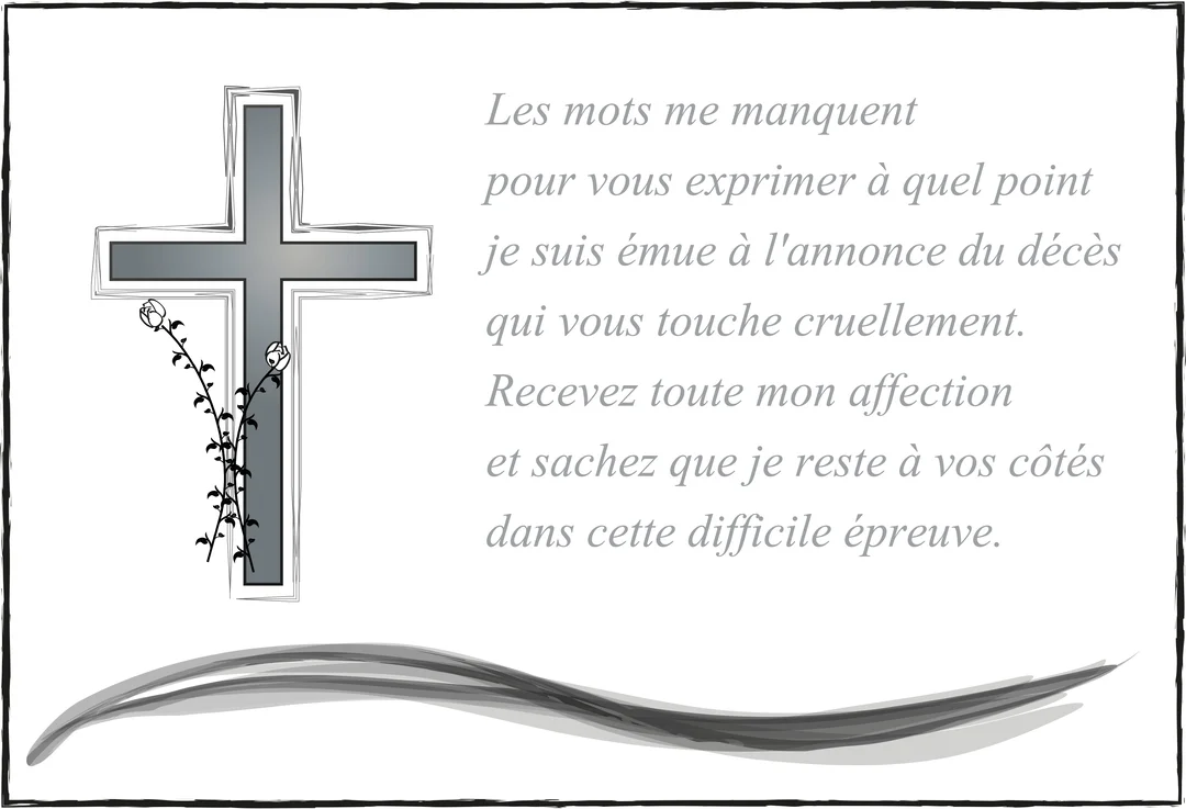 Carte de condoléances sur fond blanc, avec à gauche une croix grise ornée de roses et à droite un texte de sympathie.