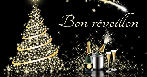 Carte de bon réveillon avec un sapin de Noël formé d'étoiles dorées, du champagne et le texte 'Bon réveillon'.