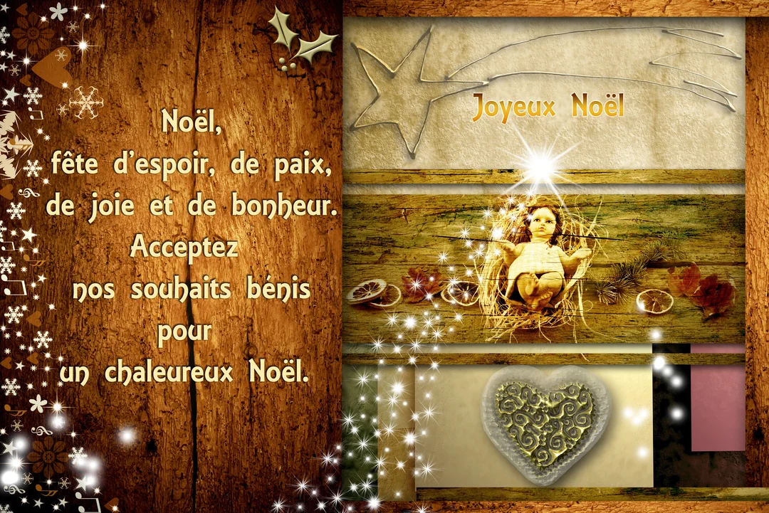 Carte de vœux de Noël de style rustique, illustrant la Nativité avec l'enfant Jésus et un message de paix sur fond en bois.
