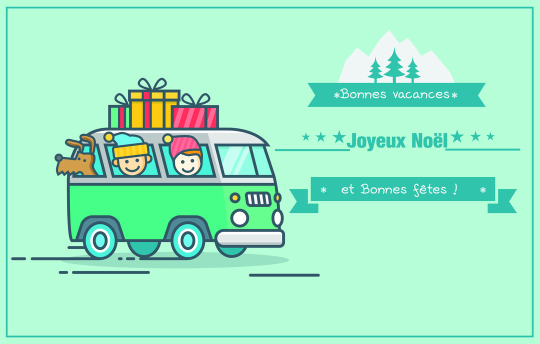 Une illustration de style dessin animé montre un van vert transportant une famille souriante et un chien vers des vacances de Noël.