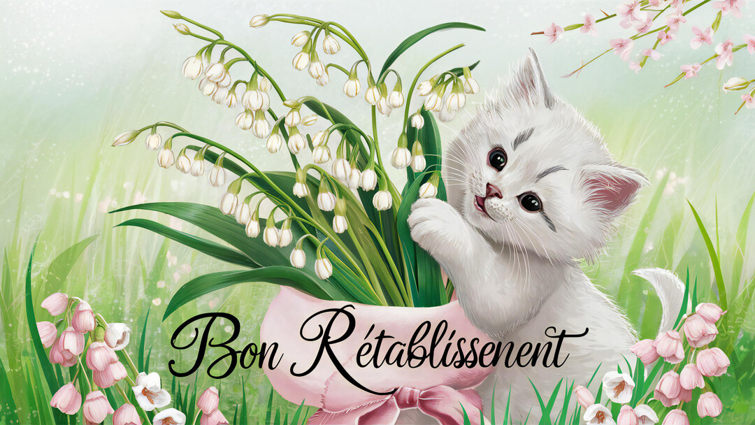 Un adorable chaton blanc regarde le spectateur, une patte posée sur un pot de fleurs rempli de muguet blanc et vert.