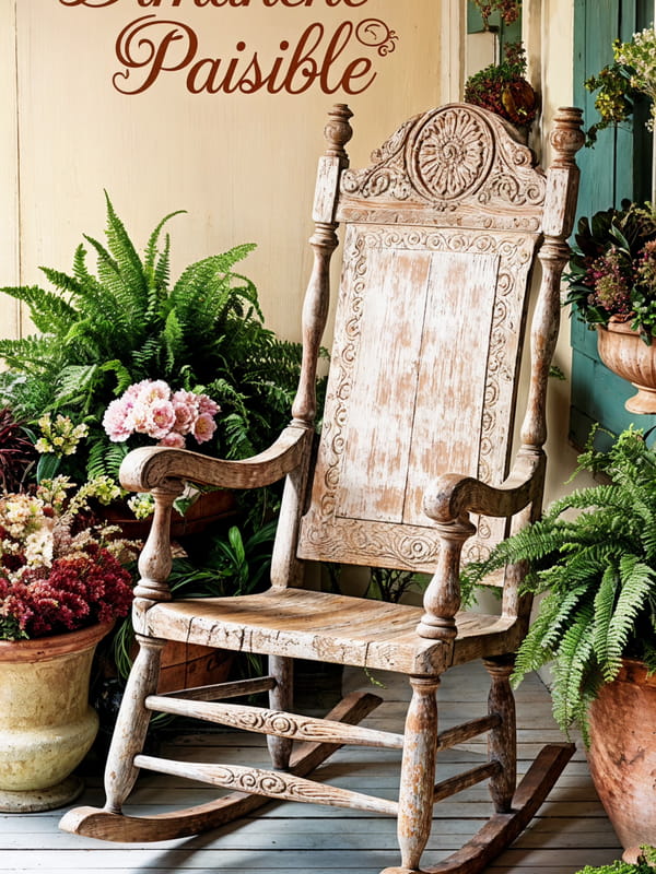 Un rocking-chair en bois sculpté sur un porche, entouré de plantes vertes et de fleurs, avec le texte 'Dimanche Paisible'.
