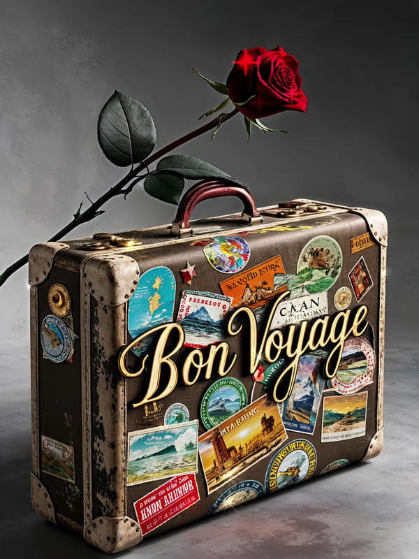 Carte Bon Voyage avec une valise de voyage vintage couverte d'autocollants et une rose rouge posée dessus. Texte doré 'Bon Voyage'.