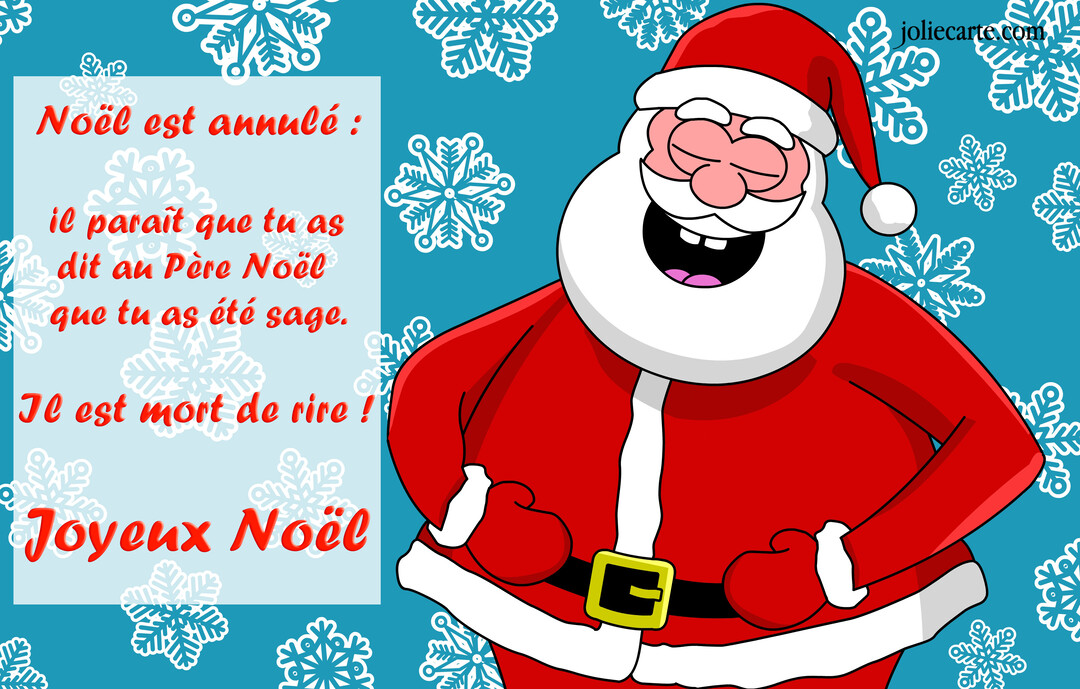 Un Père Noël de style dessin animé, vêtu de son costume rouge, se tord de rire sur un fond bleu parsemé de flocons.