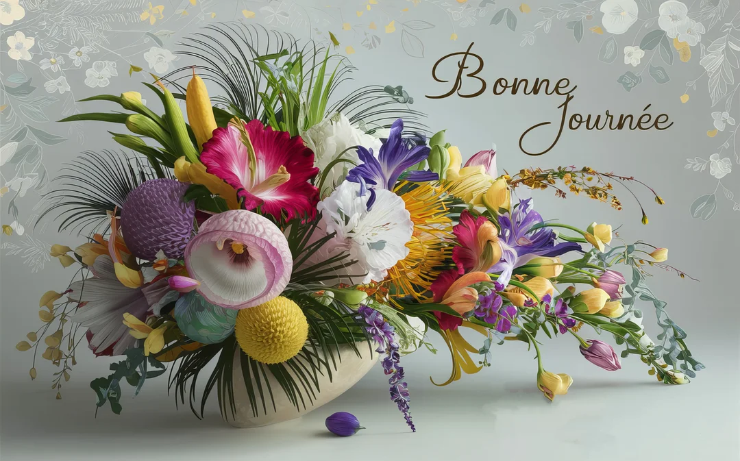 Une composition florale sophistiquée et colorée, mélangeant des fleurs exotiques et classiques, est posée sur une surface réfléchissante avec l'inscription 'Bonne Journée'.