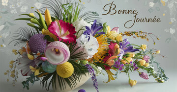 Carte 'Bonne Journée' illustrée d'un bouquet de fleurs luxuriant et multicolore dans un style artistique et élégant, sur un fond gris clair.