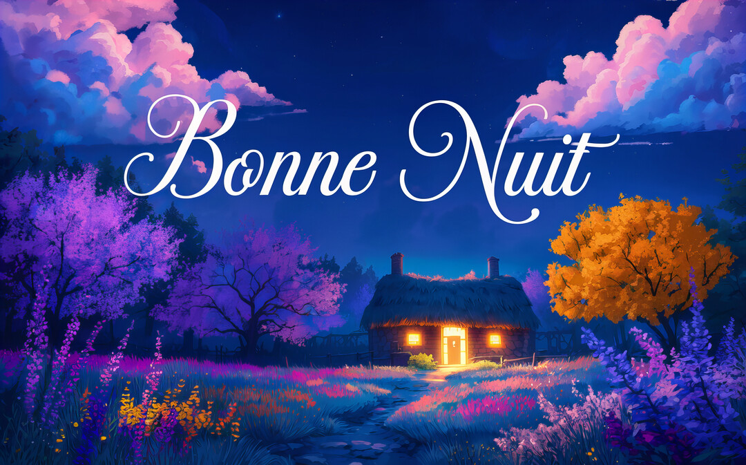 Une illustration nocturne d'une chaumière au toit de chaume illuminée, entourée d'arbres et de fleurs colorées sous un ciel étoilé.