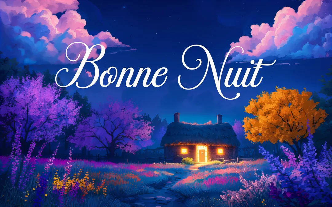 Une illustration nocturne d'une chaumière au toit de chaume illuminée, entourée d'arbres et de fleurs colorées sous un ciel étoilé.