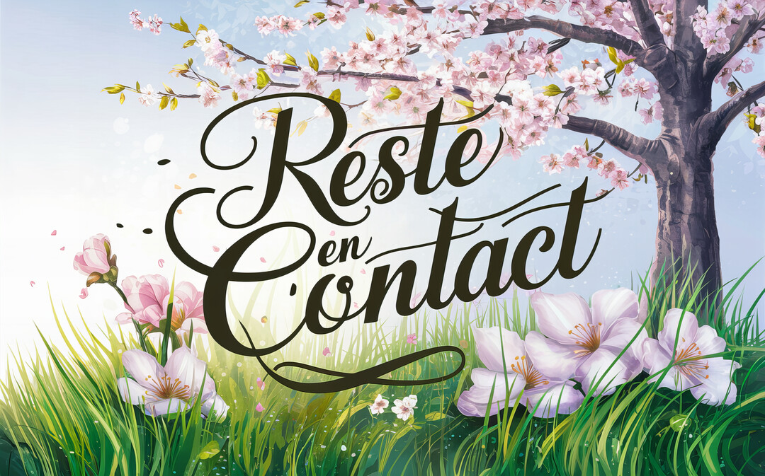 Une scène printanière illustrée avec un cerisier en fleurs et le message calligraphié "Reste en contact" au centre, sur un fond de ciel bleu.