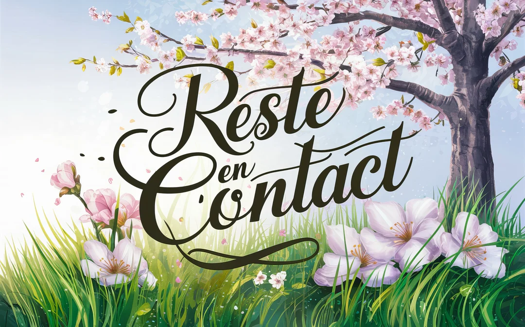 Une scène printanière illustrée avec un cerisier en fleurs et le message calligraphié "Reste en contact" au centre, sur un fond de ciel bleu.