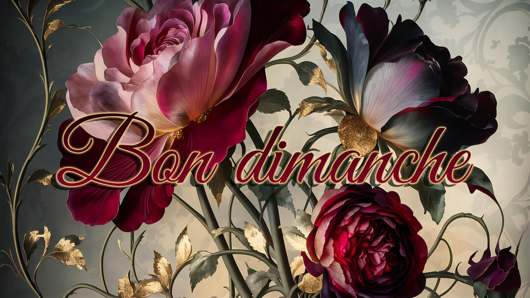 Une composition artistique de grandes roses bordeaux et noires avec des feuilles dorées sur un fond gris-vert, arborant le texte "Bon dimanche".