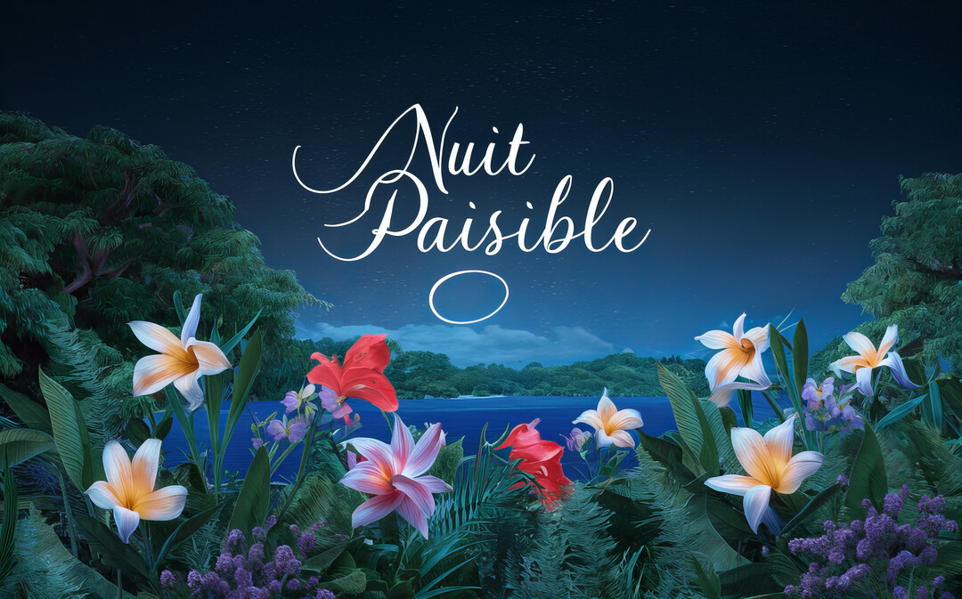 Une illustration nocturne d'un paysage tropical avec un lac sous un ciel étoilé, encadré par une végétation luxuriante et des fleurs colorées.