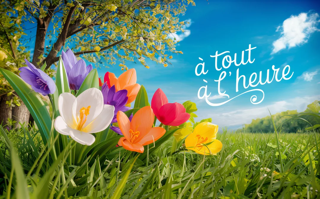 Une prairie verdoyante remplie de crocus colorés sous un ciel bleu, avec un arbre en arrière-plan et le message 'à tout à l'heure'.