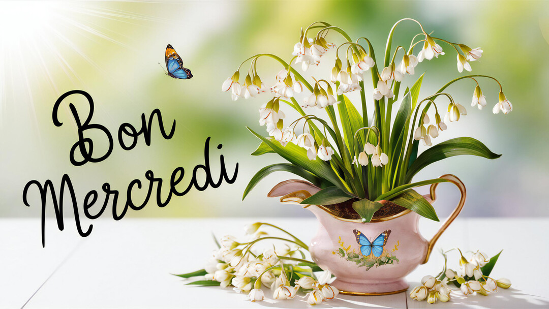 Une composition printanière avec un vase rose contenant des fleurs blanches, un papillon, et le texte calligraphié 'Bon Mercredi' sur fond lumineux.